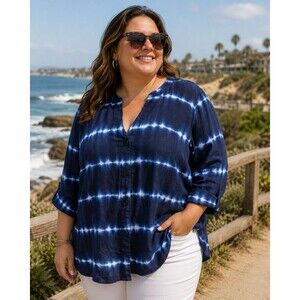 Blue Tie Dye Blouse Linen Shirt 3X Coastal Boho Resort Luxury Roll Tap Sleeve